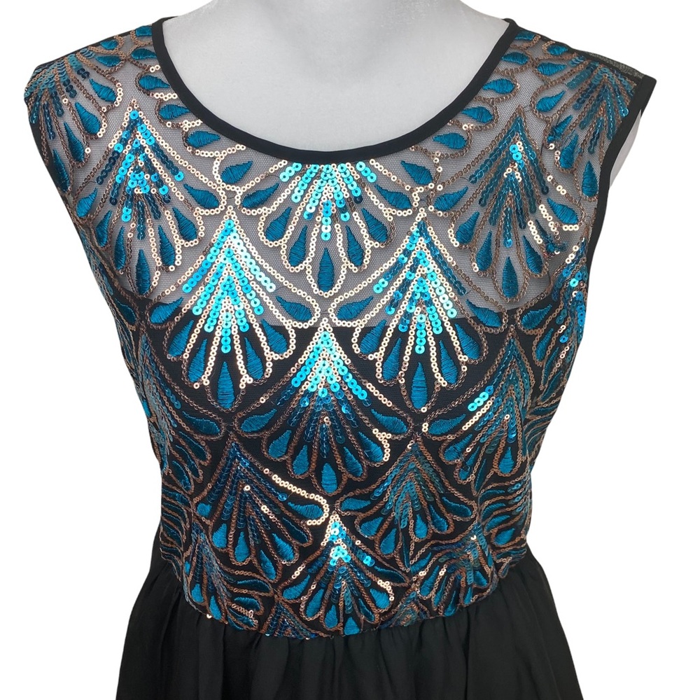 Fit & Flare Jewel Tone Teal Black Silver Sequin Embellished Midi Cocktail Dress